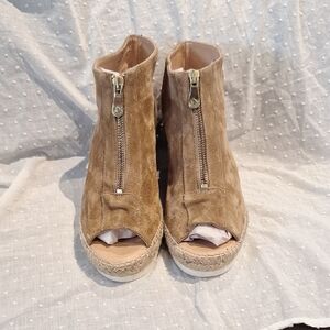 Kanna  Tan Suede Open Bootie Wedge Platform Shoe Size 10.5 NWOB